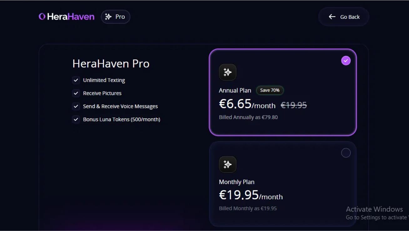 HeraHaven pricing page