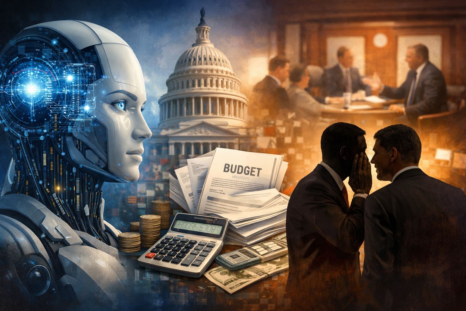 Illustration representing artificial intelligence intertwined with legislative documents and a gavel