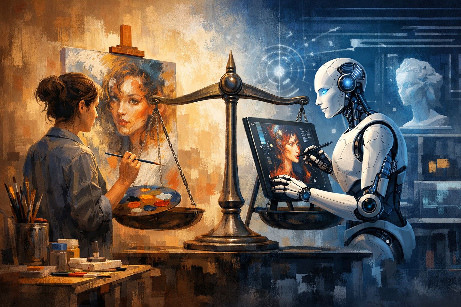 Abstract digital art symbolizing the fusion of human creativity and artificial intelligence