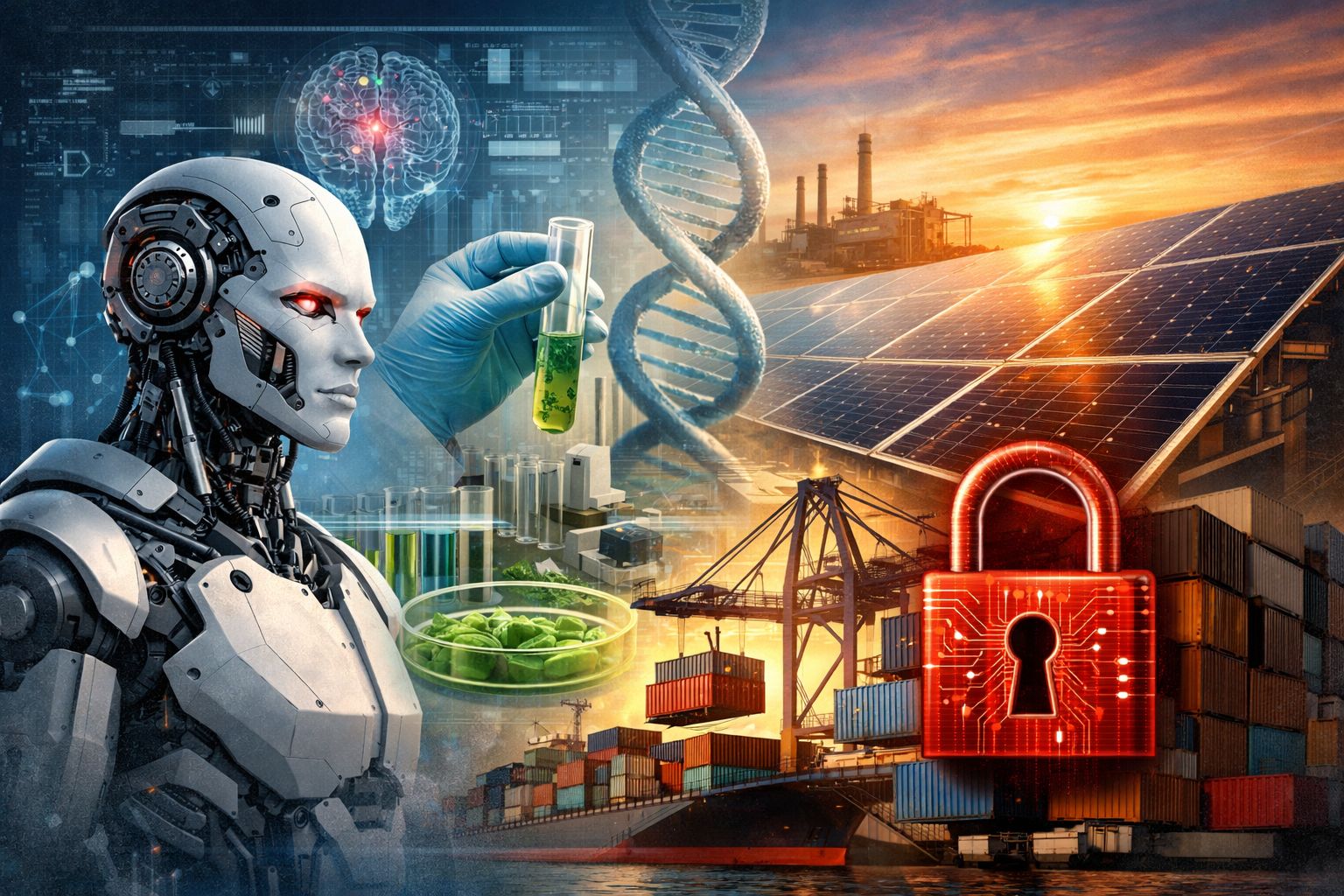 Illustration depicting AI, biotech, and solar technology under regulatory scrutiny