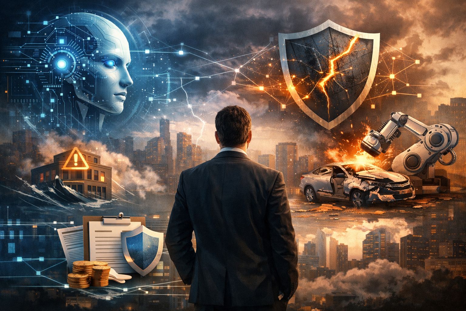 Illustration depicting the intersection of artificial intelligence and insurance risk management for businesses.
