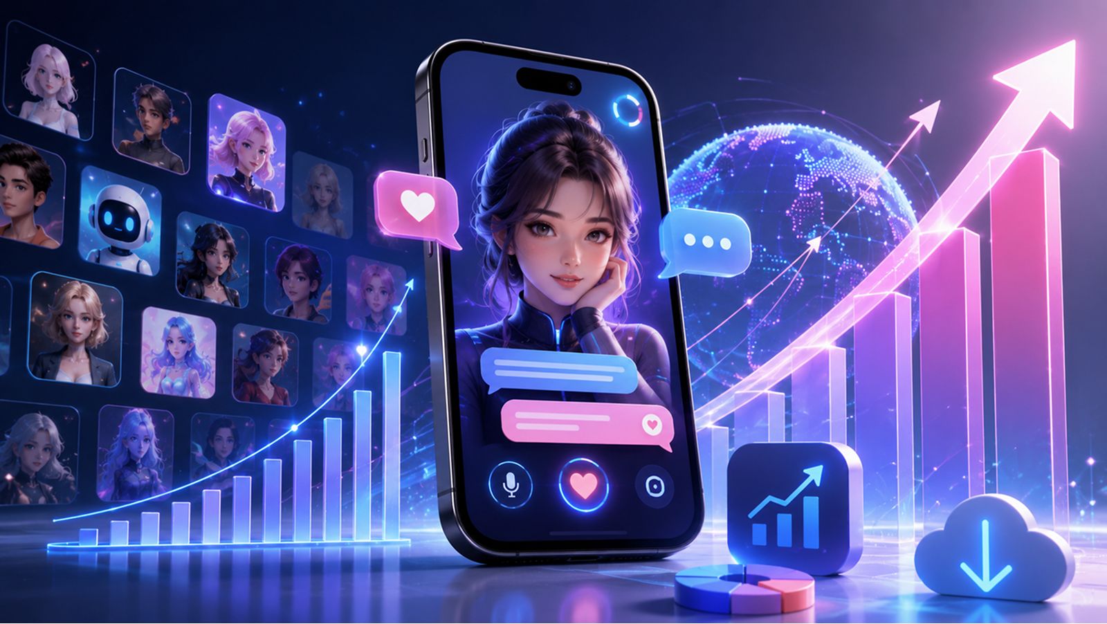 Phone screens and a rising revenue chart illustrating AI companion app growth