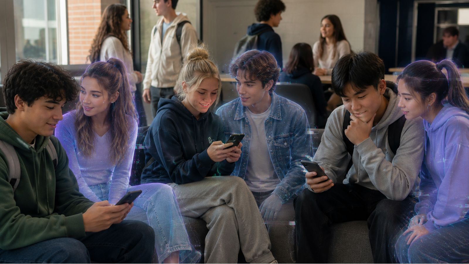 Group of teens looking at their phones together