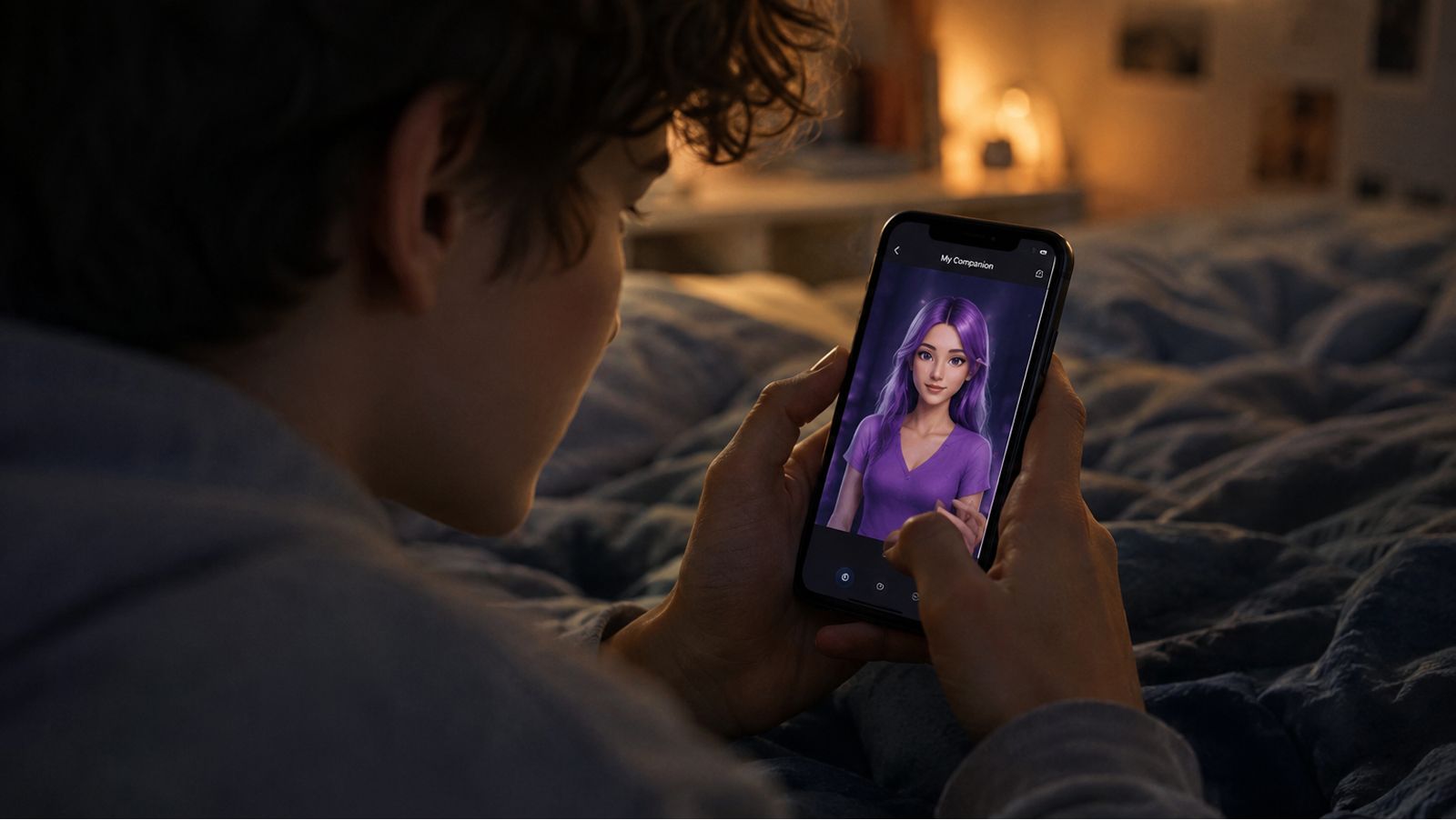 Person in bed looking at an AI companion avatar on their phone
