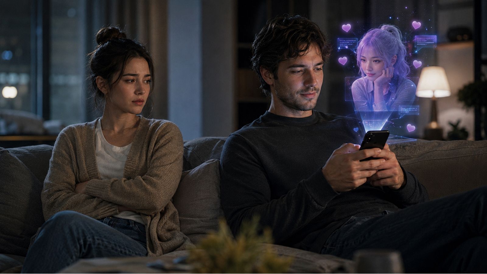Couple on a couch, one partner absorbed in an AI companion on their phone